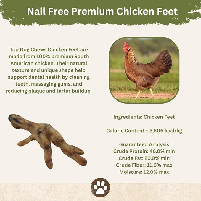 Top Dog Chews Dehydrated Chicken Feet for Dogs (25) – All Natural, Single Ingredient Dog Treats – Nail Free, Easily Digestible, Protein Rich, Low in Calories, Supports Joint Health