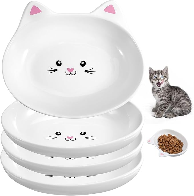 4 Pack Ceramic Cat Food Bowls, 5.9 Inch Whisker Fatigue Cat Bowl Wide Cats Food Bowls Set with Cute Pattern, Whisker Friendly, Microwave and Dishwasher Safe Indoor Feeding Dishes for Small Pets
