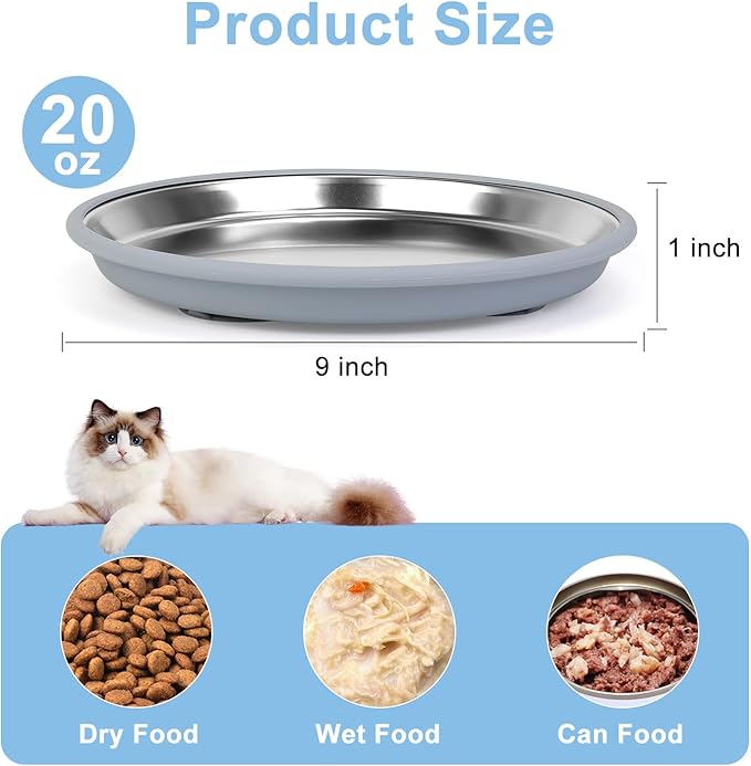 Cat Food Bowls 2 Pack, Wide and Shallow Stainless Steel Cat Bowls with Non-Slip Bottom, Metal Whisker Friendly Pet Dishes for Dry, Wet and Can Food