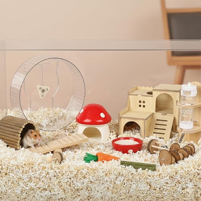 21 Pcs Hamster Cage Accessories Set, 9.5'' Silent Hamster Wheel, Ceramic Hideout & Food Bowl, 15 Chew Toys, Maze Wood House & Water Bottle Set, Hamster Starter Kit