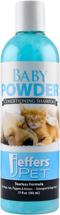 Jeffers Pet Baby Powder Tearless Shampoo for Puppies Kittens Dogs Cats, Gentle Detergent Free Formula w/Natural Oils, Conditioners, Soft Coat, Clean Baby Powder Scent, Paw Friendly, Home Use - 17 oz
