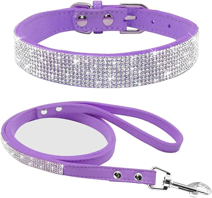 Cute Dazzling Sparkling Elegant Fancy Soft Suede Leather Bling Rhinestone Crystal Jeweled Pet Cat Dog Puppy Collar Dog Leash Combo Set (L(Neck 15-18"), Purple)
