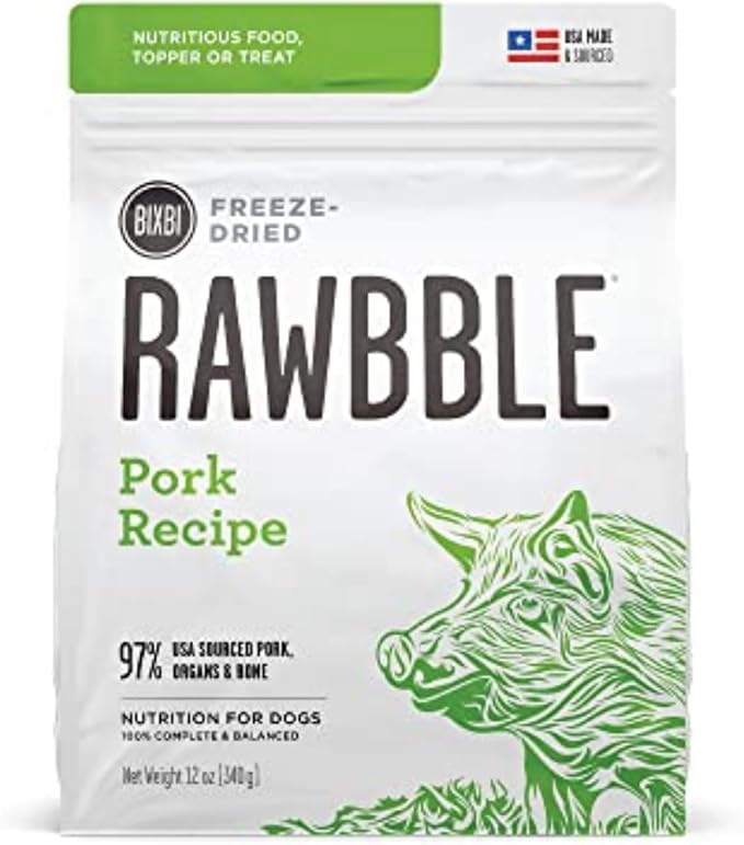 BIXBI Liberty Freeze-Dried Dog Food Topper & Treats, Pork – 97% Meat & Organs, No Refrigeration – USA Made, 12 oz