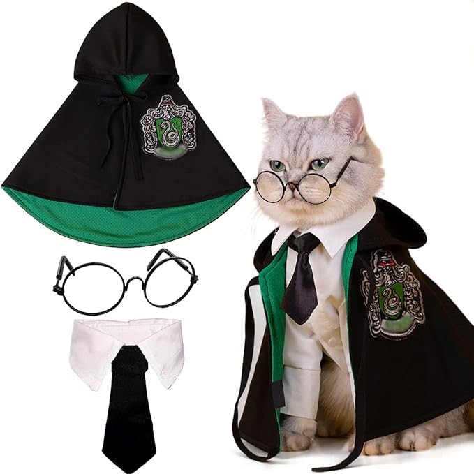 Dog Cat Costumes with Glasses and Neckties,Cosplay Costume Set Perfect for Party and Gifts for Cat Dog (Slytherin, Small)