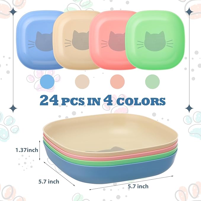 Tioncy 24 Pcs Fatigue Relief Cat Bowl 5.7 Inch Shallow Cat Food Dish Wide and Small Pet Wet Feeding Bowl for Kitten Short Legged Kitten Ferrets Feral Small Animals (Blue, Green, Pink, Beige,Cute)