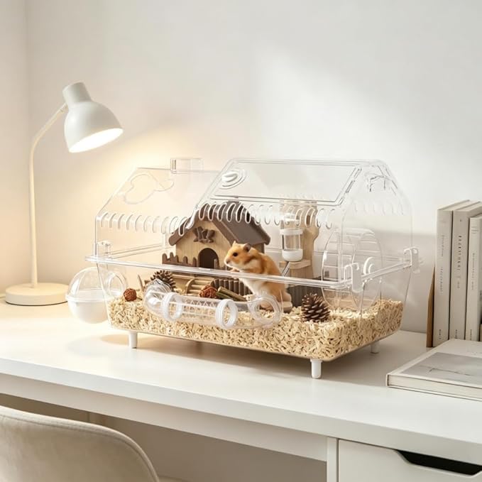 Clear Acrylic Hamster Cage, Villa-Style with Natural Wood Accessories, 8-in-1 Setup, 21.5" x 11.8" x 12.6