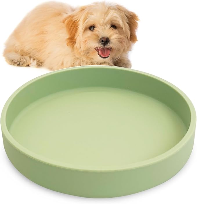 Silicone Dog Bowl Shallow Cat Food Bowls 7" Wide Puppy Plates Whisker Fatigue Pet Feeding Dishes for Dry Food and Wet Food Indoor (Round Bean Green)