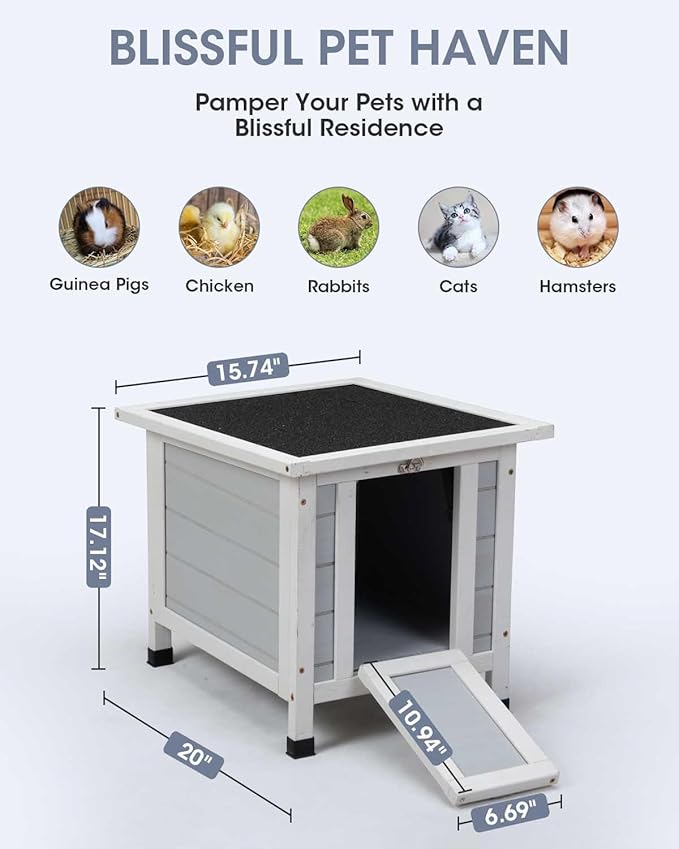 SANDINRAYLI Outdoor Cat House Weatherproof, Wooden Rabbit Hutch Bunny Cage Chicken Coops Shelter with Elevated Floor for Feral Cat/Bunny/Guinea Pig/Duck, Grey