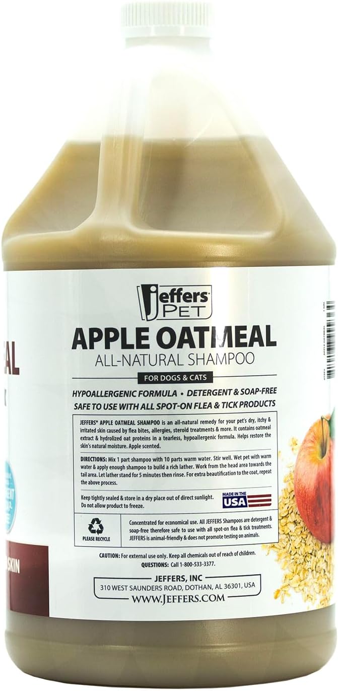 Jeffers Pet Apple Oatmeal Shampoo for Dogs & Cats, 128 oz - Gentle Coconut Based Formula w/Colloidal Oat Protein, Soap Free, Deodorizing Apple Scent, Sensitive Skin, Puppies Kittens Grooming Care