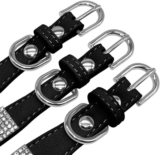 Cute Dazzling Sparkling Elegant Fancy Soft Suede Leather Bling Rhinestone Crystal Jeweled Pet Cat Dog Puppy Collar Dog Leash Combo Set (L(Neck 15-18"), Black)