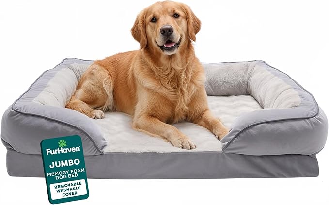 FurHaven Perfect Comfort Sofa Orthopedic Dog Bed for Large Dogs, Memory-Top Foam with a Solid Orthopedic Foam Base for Joint Support, Removable Washable Cover, Jumbo XL, Plush & Velvet, Granite Gray