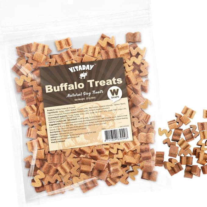 VITADAY Buffalo Dog Treats W Shaped 8oz, Natural Low-Fat Chews for Training & Rewards, Limited Ingredient, Dogs & Puppies