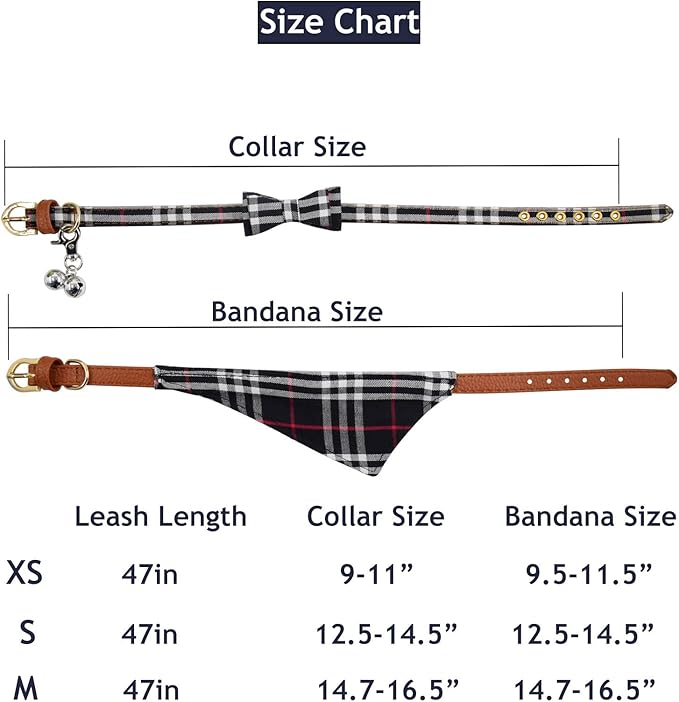 3PCS Bow Tie Dog Collar and Leash Set Plaid/Camo/Dots/Flower Dog Bandanas with Bell 3 Size Adjustable for Small Dogs Puppies and Cats (S, Black Plaid)