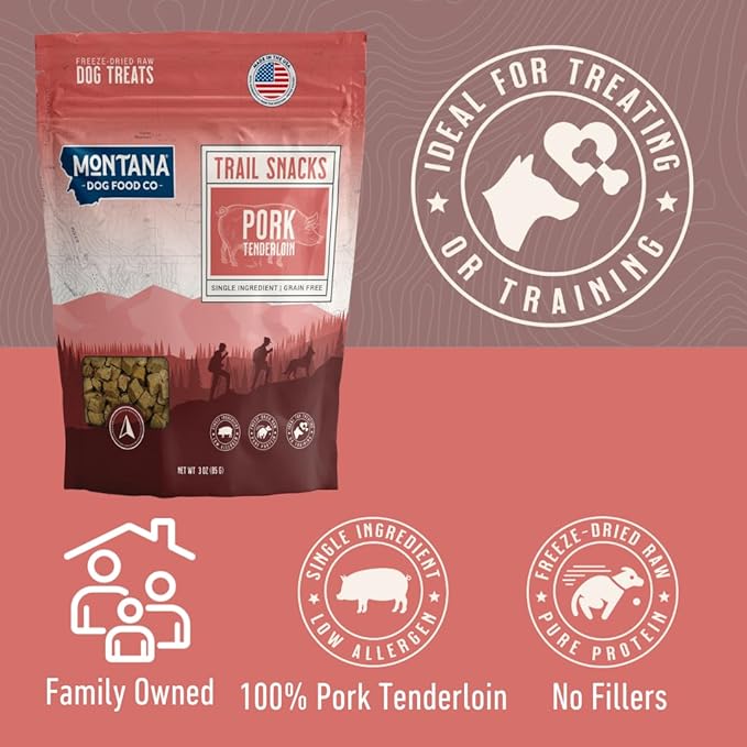 MONTANA DOG FOOD CO. Freeze-Dried Pork Tenderloin Dog Treats – 100% Natural, Single Ingredient, High Protein, Grain-Free, Made in USA – 3 oz Bag