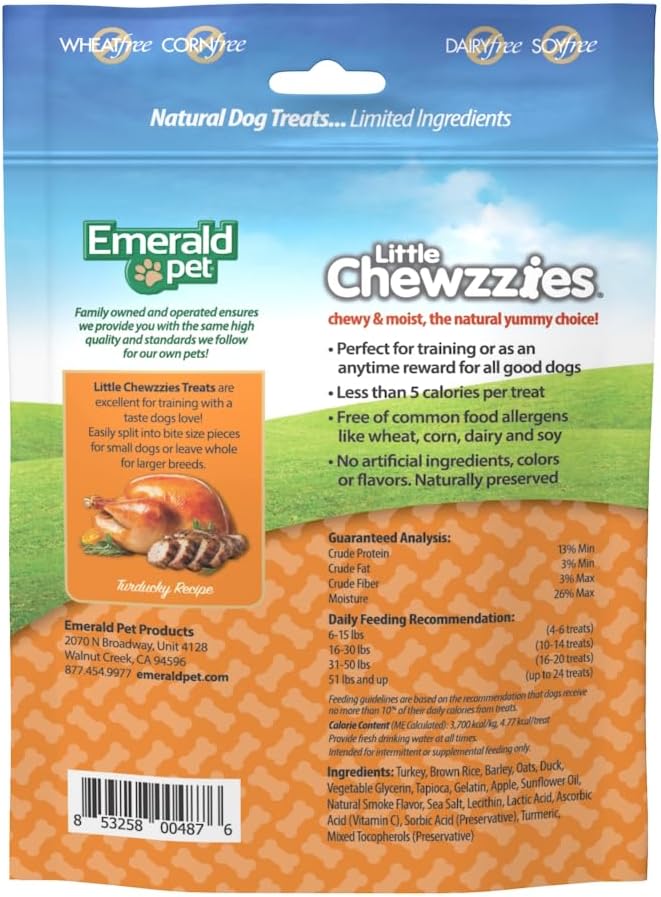 Emerald Pet Little Chewzzies Wheat Free Training Dog Treats — Healthy and Tasty Natural Dog Chews with Real Meat or Peanut Butter — Limited Ingredient Dog Treats Made in The USA — Turducky, 5 oz