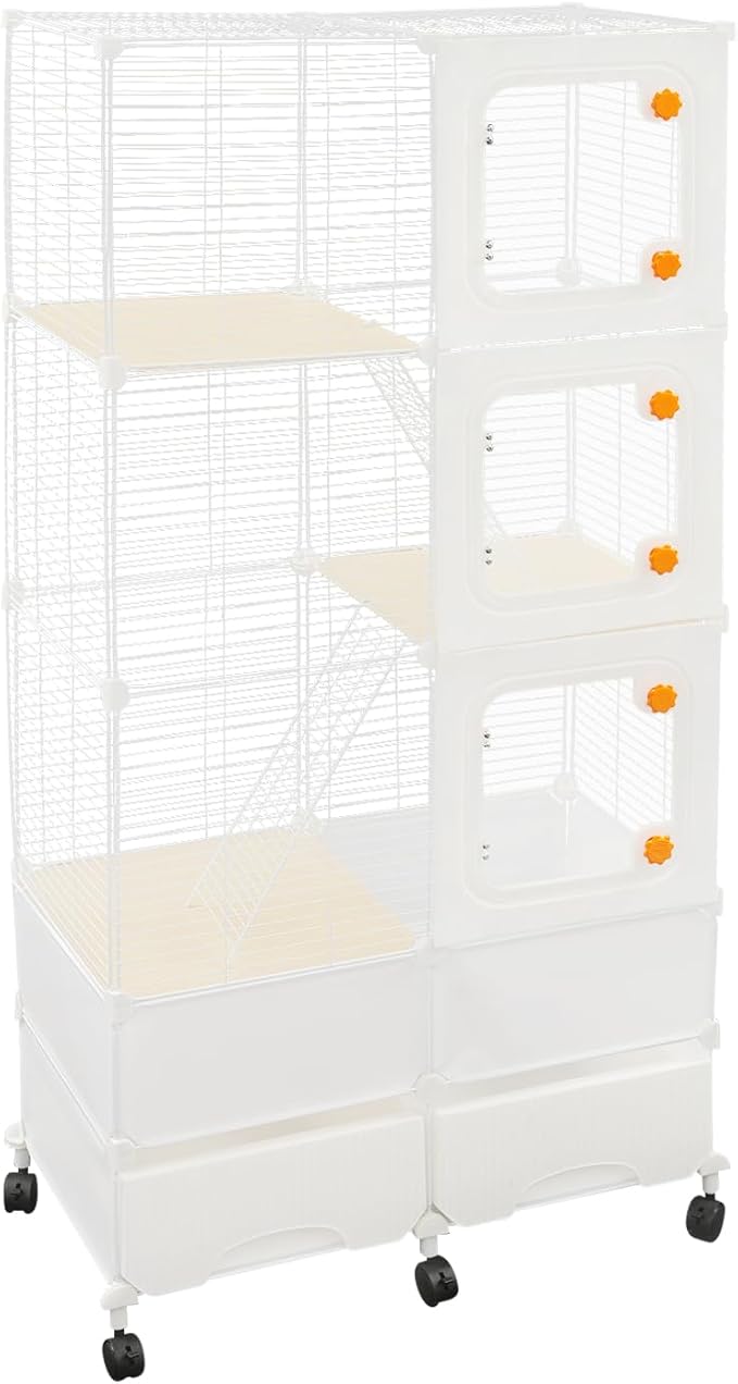 Small Animal Cage, Guinea Pig Cages with Rolling, Durable Front Doors, Chinchilla Cage with Scoop for Rat, Hamster, Guinea Pig, Squirrel (White, 61in)