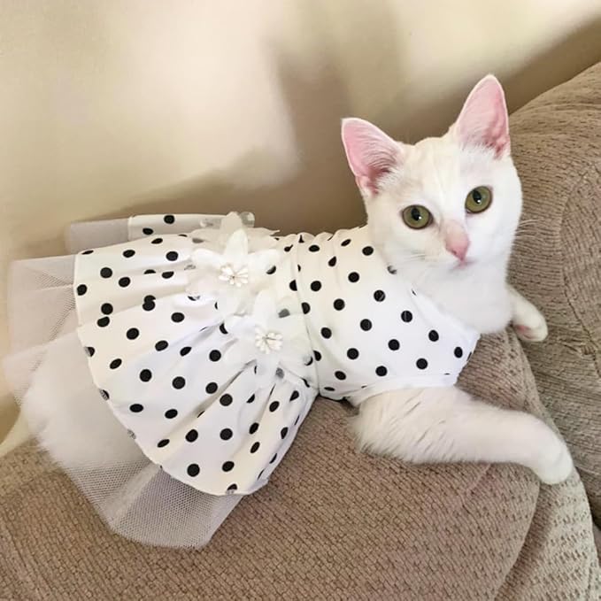 ANIAC Floral Cat Bridal Wedding Dresses Polka Dots Dog Princess Tutu Dress with Flowers Stretchy Breathable Small Puppy Clothes for Girls Pet Birthday Outfit (White, X-Small)