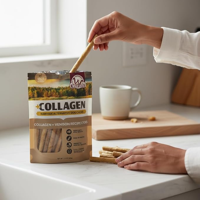 Wild Eats Venison Collagen Sticks for Dogs (15 Pack, 1 cm Wide) Long Lasting Dog Chews No Hide Dog Treat Bully Stick Alternative, Rawhide Free, Grain Free, High Protein