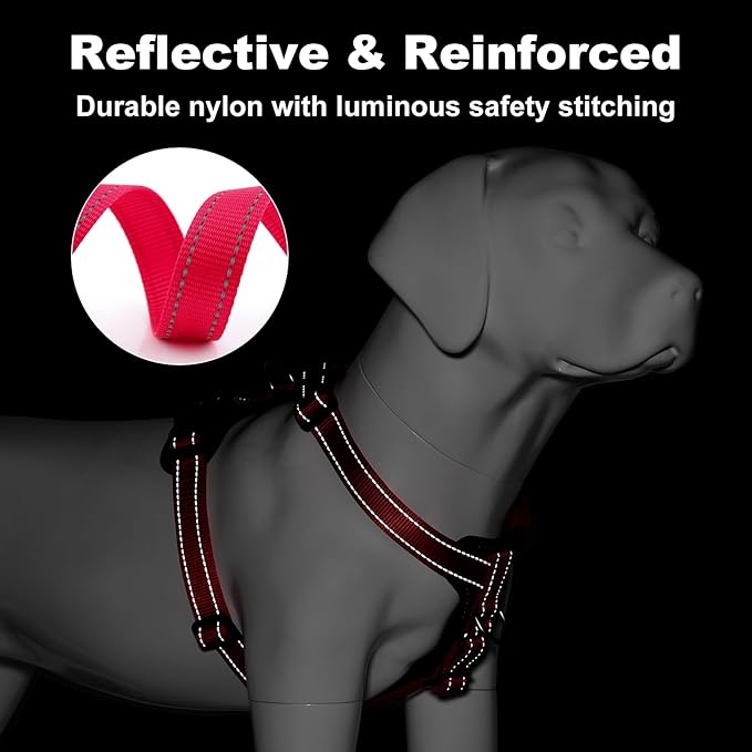 Plutus Pet Adjustable No Pull Dog Harness with Leather Accents, Heavy Duty Reflective Nylon Vest for Training, Hiking, Easy Walk Harness for Small, Medium, Large Dogs (Red, XL)