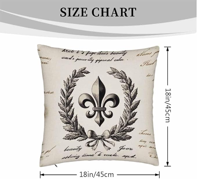 Cushion Covers Retro Letter Paper Fleur De Lis Vintage Style Square Soft,Pillow Cases Decor for Couch Bedroom Sofa Living Pack of 2 Size 18X18 Inch