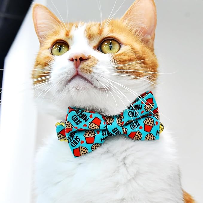 Cat Collar Bow Set, Blue Stud Muffin Cake, Wedding/Birthday Breakaway Collar Bowtie for Kitten/Cat