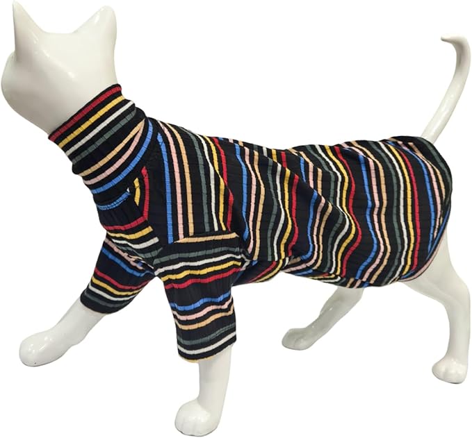 Turtle Neck Vintage Stripes Sphynx Hairless Cat Cotton T-Shirts Pet Clothes Vest Kitten Shirts Sleeveless, Cats & Small Dogs Apparel (Dark Rainbow, XXL (13-16 lbs))