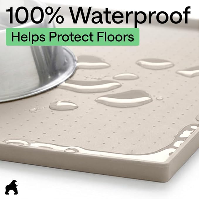 GORILLA GRIP 100% Waterproof Raised Edge BPA Free Silicone Pet Feeding Mat, Dog Cat Food Mats Contain Spills Protects Floors, Placemats for Cats and Dogs Water Bowl, Pets Accessories 18.5x11.5 Beige