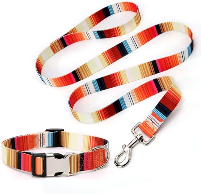 Dog Collar and Leash Set, Quick Release Buckle Soft Durable Print Puppy Collars Adjustable for Small Medium Large Pet Male Dogs Boy Cat Orange XL