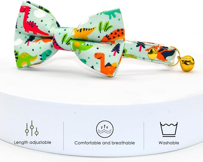 Cute Dinosaur Cat Bow Tie Collar, Green Cat Collar, Breakaway with Bell, Safety Plastic Buckle Collar for Cats
