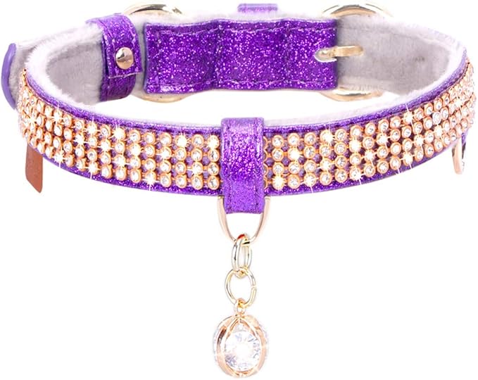 PetsHome Cat Collar, Dog Collar, [Bling Rhinestones] Premium PU Leather with Pendant Adjustable Collars for Big Cat and Small to Medium Dog Small Purple