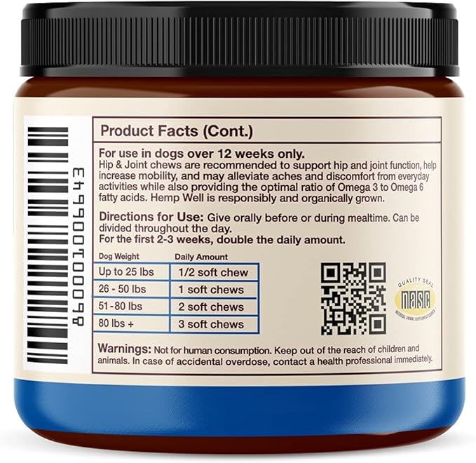 Hemp Well Hip and Joint Soft Chews – Supports Mobility and Promotes Healthy Hips and Joints for Dogs, Organically Sourced (60 Count)