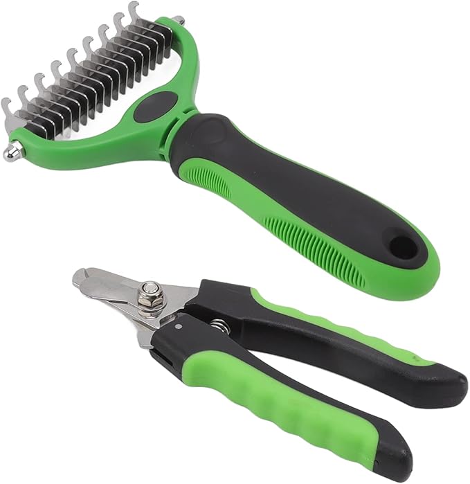 Undercoat Rake and Nail Clipper Grooming Kit, Double Sided Deshedding Brush for Dog Cat Rabbit, Ergonomic Handle, Stainless Steel Material, Safe Rounded Edges