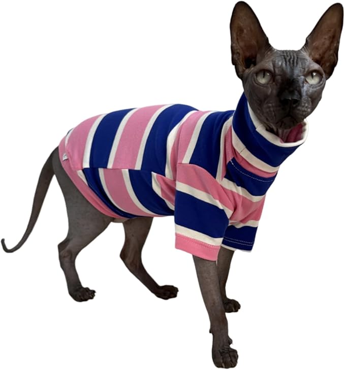 Vintage Stripes Sphynx Hairless Cats Shirt Cotton Cat Turtleneck Pet Clothes Kitten T-Shirts with Sleeves for Sphynx Cats (Wide Pink Blue Stripe, X-Large)