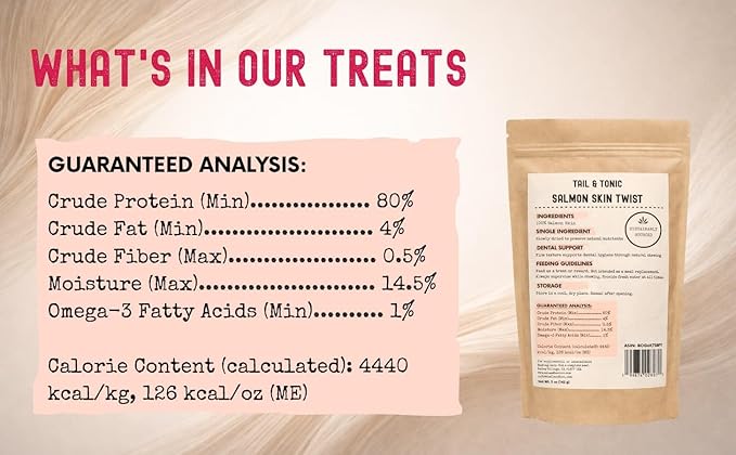 TAIL & TONIC Salmon Skin Dog Treats - Single Ingredient, Air-Dried Chewy Fish Skins, High Protein, Omega-3 Rich Dental Chews (Salmon Skin Twist)