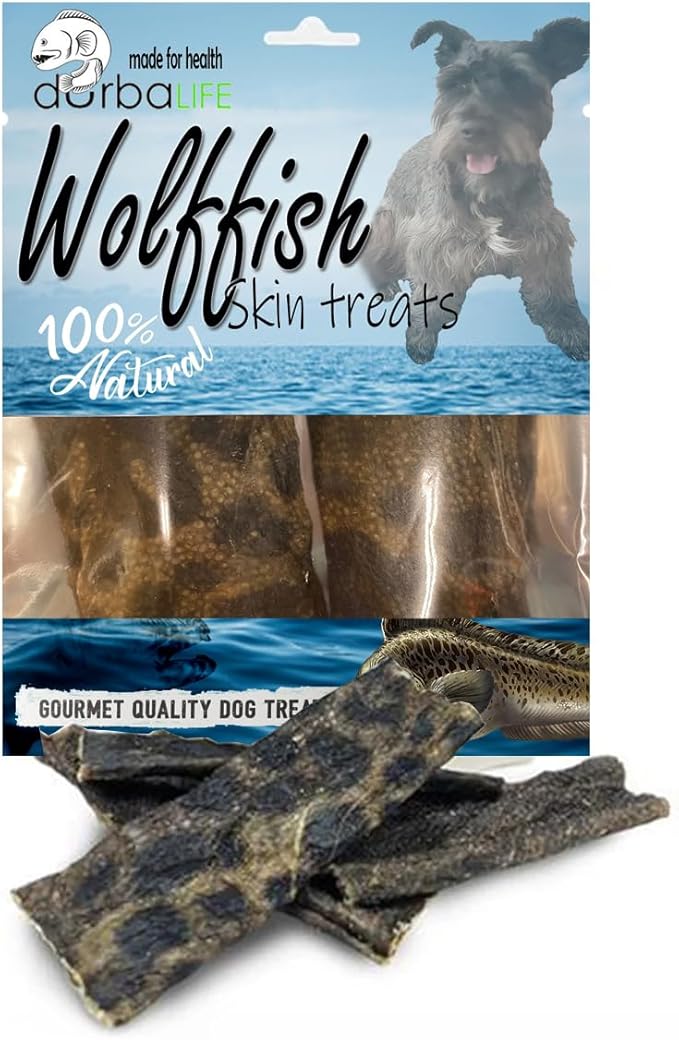 Wolffish Skin Treats for Dogs (2 Fish Sticks 6-in Each) Hand Wrapped w/Single Ingredient Super Tasty Dog Chews