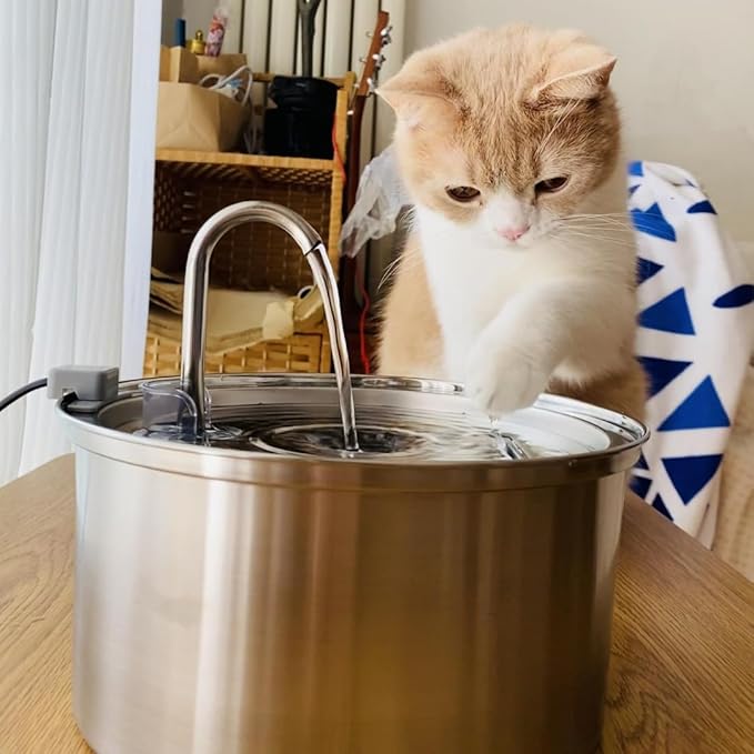 Stainless Steel Cat Water Fountain Automatic Drinking Fountain, Quiet Circulating Water Bowl, Dishwasher Safe, Indoor Pet Fountain for Hydrated Healthy Cats (Stainless Steel, 3.2L Corded)