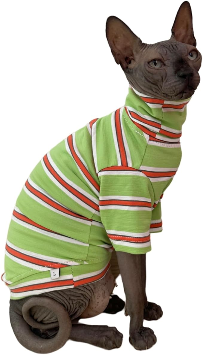 Vintage Stripes Sphynx Hairless Cats Shirt Cotton Cat Turtleneck Pet Clothes Kitten T-Shirts with Sleeves for Sphynx Cornish Rex, Devon Rex, Peterbald (Orange & Green, Large (Pack of 1))