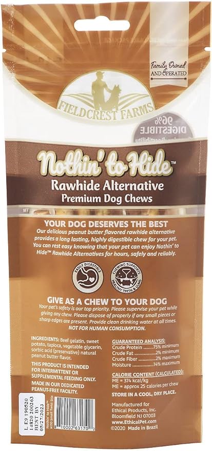 Fieldcrest Farms Nothing to Hide Natural Rawhide Alternative Twist Stix for Dogs - 3 Pack (30 Sticks) Premium Grade Easily Digestible Chews - Great for Dental Health (Peanut Butter, Small Stix)