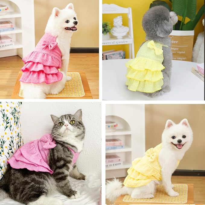 2 Pack Summer Dog Dresses with Bow Girl Puppy Clothes for Small Dog Spring Cat Outfit Sleeveless Pet Tiered Layered Cake Dress for Kitten Chihuahua Pomeranian Yorkie (Pink Yellow, Small)