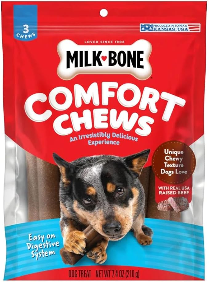 Milk-Bone Comfort Chews, Dog Chews with Unique Chewy Texture and Real Beef, 7.4 Oz Bag of 3 Chews