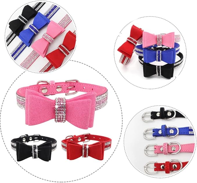Hot Pink Girl Dog Collar and Leash Set with Bow Tie, Bling Diamond Kitten Collar with Bowtie Crystal Rhinestone Puppy Collars for XXS Xs Small Medium Large Female Dogs Pet Cats, XXSmall