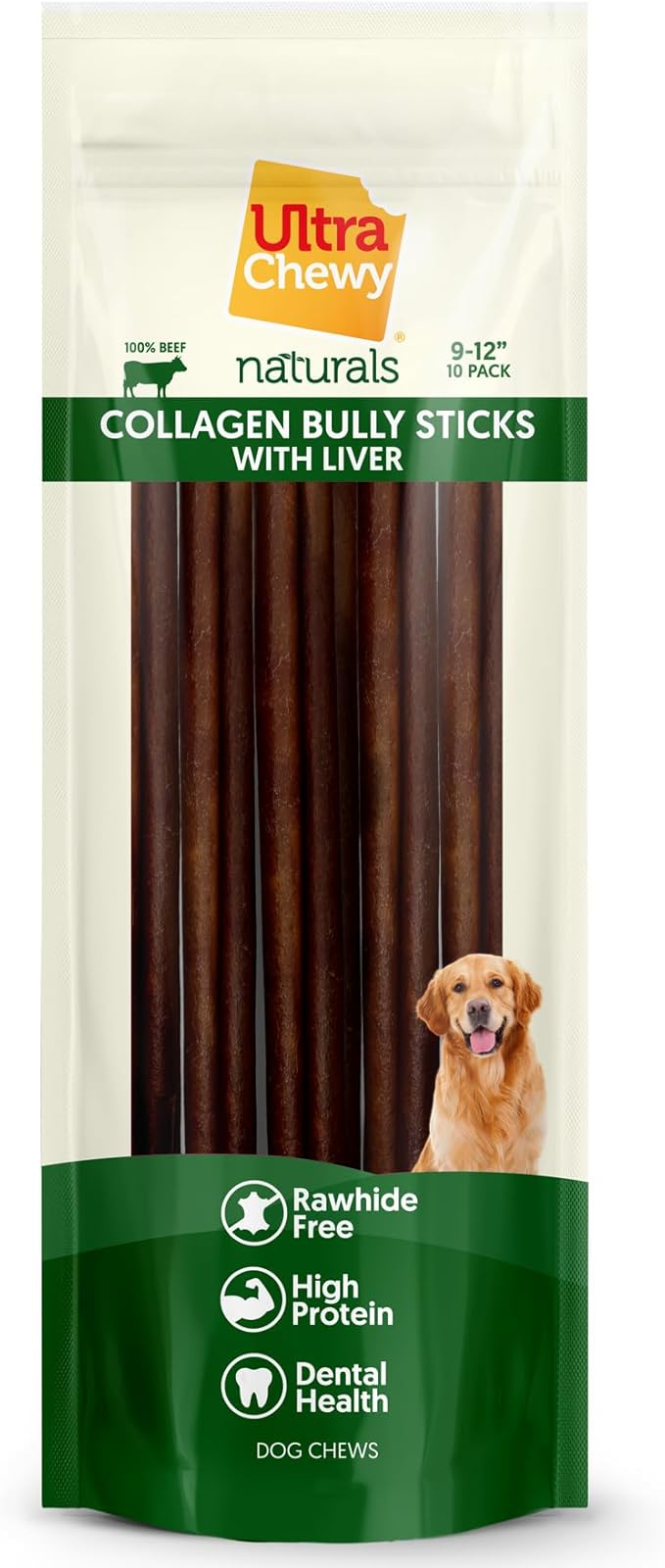 Ultra Chewy Collagen Sticks 9-12 inches (10 Pack) – Long Lasting Odor-Free, All-Natural Dog Chews – Rawhide & Bully Stick Alternative