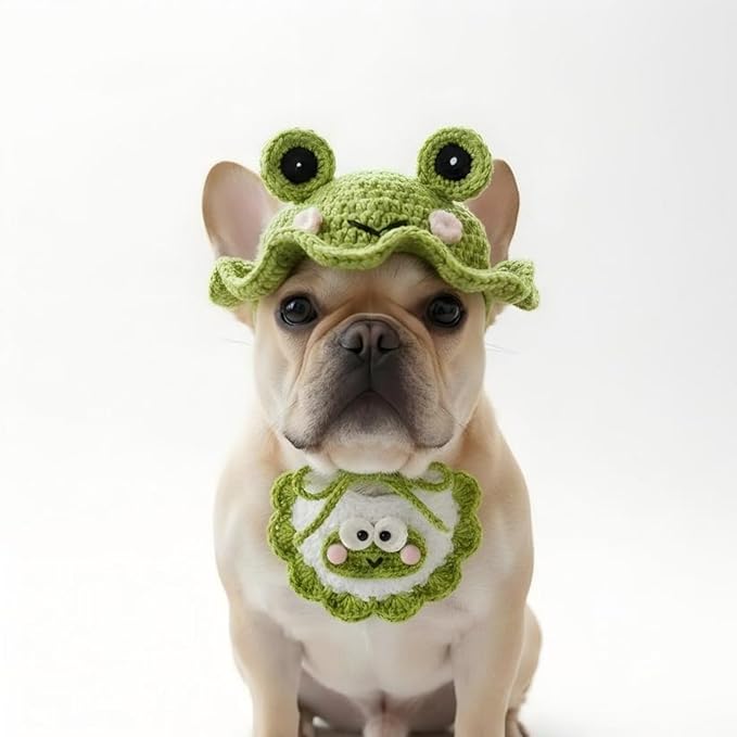 Handmade Knit Dog Costume – Adjustable Cute Frog Dog Hat & Collar for Cats and Small to Medium Dogs, Perfect for Birthday, Holiday, Daily Wear & Photoshoots