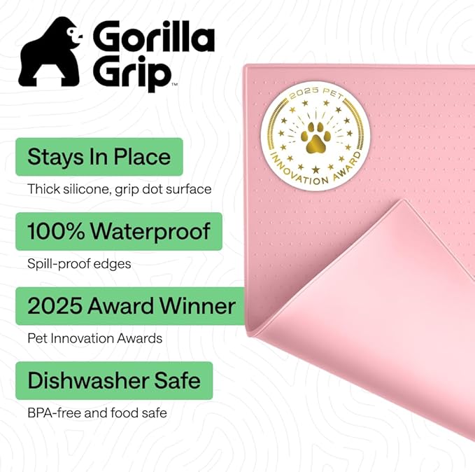 GORILLA GRIP 100% Waterproof Raised Edge BPA Free Silicone Pet Feeding Mat, Dog Cat Food Mats Contain Spills Protects Floors, Placemats for Cats and Dogs Water Bowl, Pets Accessories 28x18 Pink