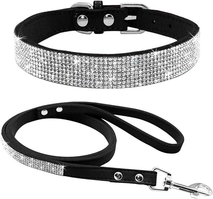 Cute Dazzling Sparkling Elegant Fancy Soft Suede Leather Bling Rhinestone Crystal Jeweled Pet Cat Dog Puppy Collar Dog Leash Combo Set(Black,M 32-38 cm)