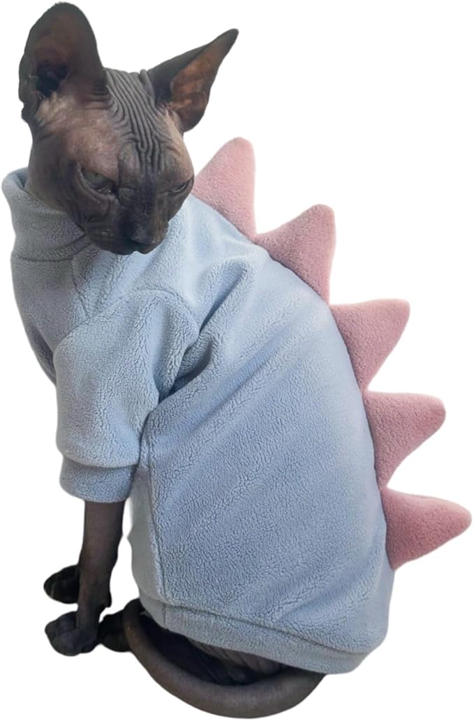 Dinosaur Sphynx Cat Clothes, Soft Polar Fleece Sweater for Cat, Elastic Pet Clothes Thick Winter Warm Outfit for Hairless Cat, Devon, Cornish, Small Dogs Apparel with Sleeves (Sky Blue, Small)