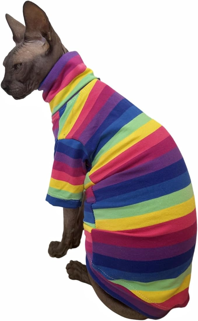 Vintage Stripes Sphynx Hairless Cats Shirt Cotton Cat Turtleneck Pet Clothes Kitten T-Shirts with Sleeves for Sphynx Cornish Rex, Devon Rex, Peterbald (Rainbow Stripe, S (3.3-4.4 lbs))