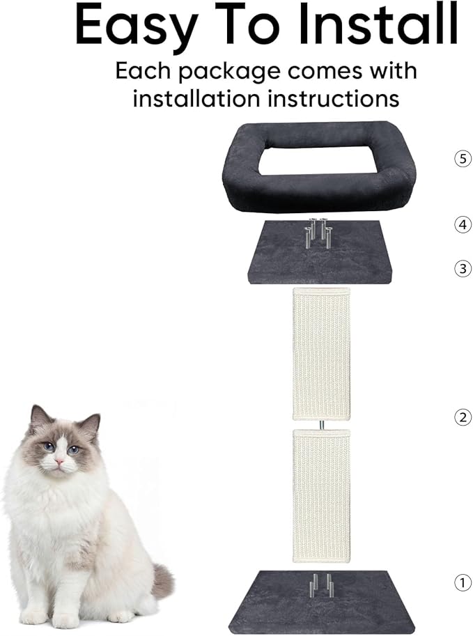 AGYM Cat Scratching Post, 32”Cat Scratcher with Large Plush Perch, Sisal & Carpet Scratching Post, Vertical Posts with Elevated Bed for Indoor Cats, Removable& Washable Cover, Darkgrey