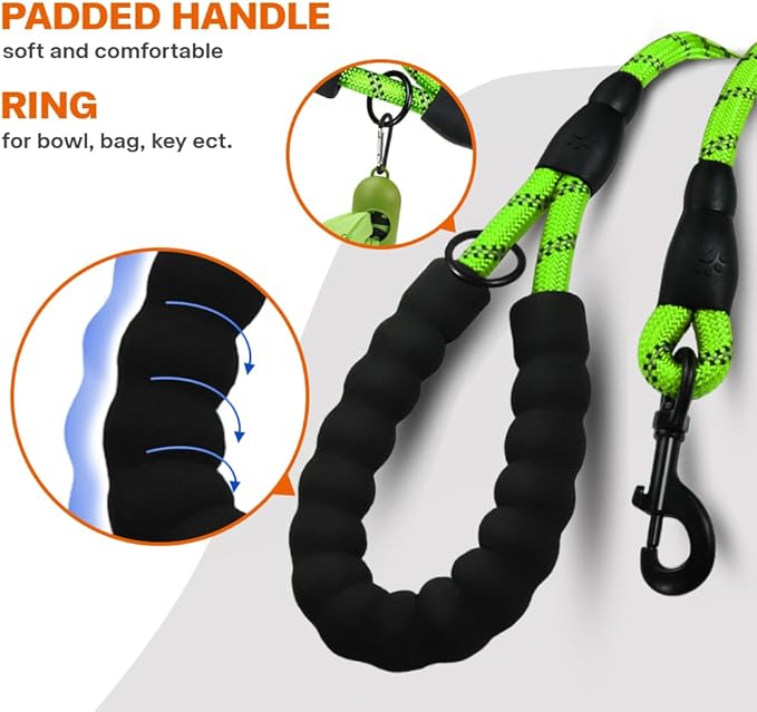 Taglory Rope Dog Leash 5 FT with Comfortable Padded Handle, Highly Reflective Threads Leash and Anti-Tangle Clip for Walking Medium Large Dogs, 1/2 inch, Green