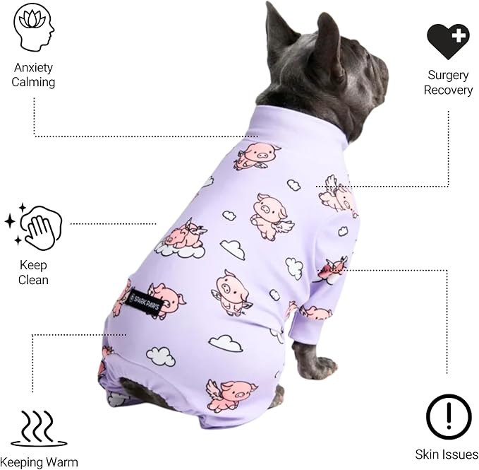 Spark Paws Dog Pajama, Dog Recovery Suit Male, Onesie, Ultra-Soft and 4-Way Stretch, for Small Medium and Large Breeds - When Pigs Fly - Purple - M